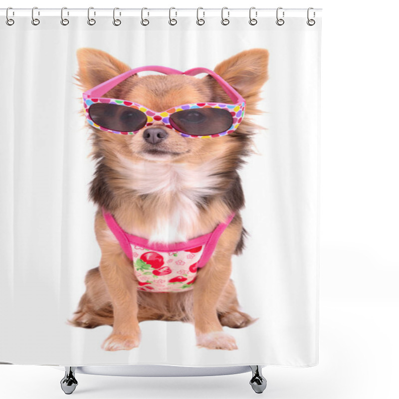 Personality  Chihuahua Puppy Wearing Pink Sun Glasses And T-shirt Shower Curtains