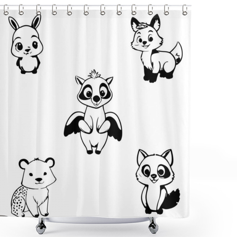 Personality  Black And White Cute Animal Kids Collection, Sketch Line Art Design, Adorable Animal, Domestic Animal Set Silhouette Vector, Wild Animal Illustration. Shower Curtains