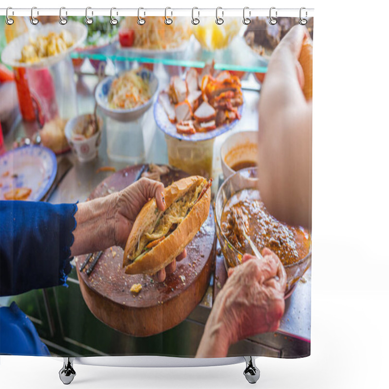 Personality  Woman Selling Street Food Banh Mi At Vendor In Vietnam Shower Curtains