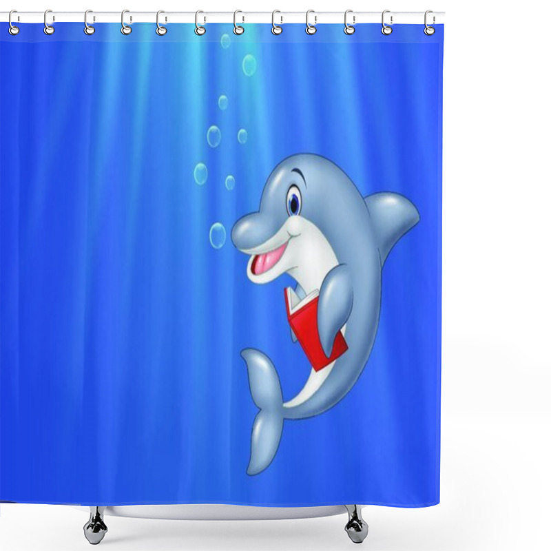 Personality  Cartoon Dolphin Reading Book With Deep Sea Background Shower Curtains