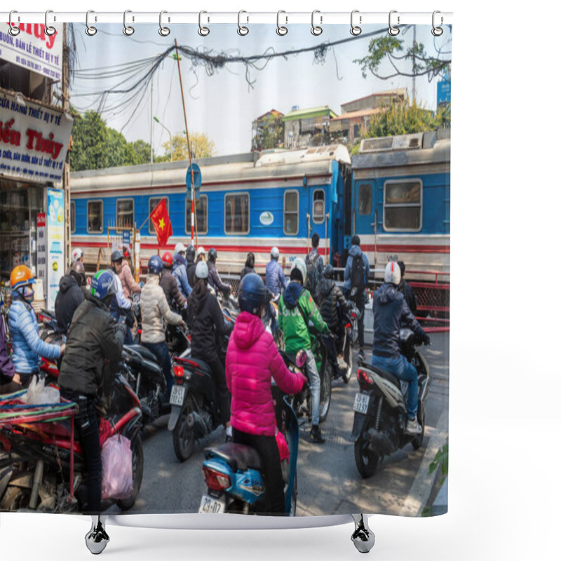 Personality  A Vietnam Railways Train Passes People On Motorcycles And Bicycles At A Level Crossing (railroad Crossing) In Hanoi, Vietnam. Shower Curtains