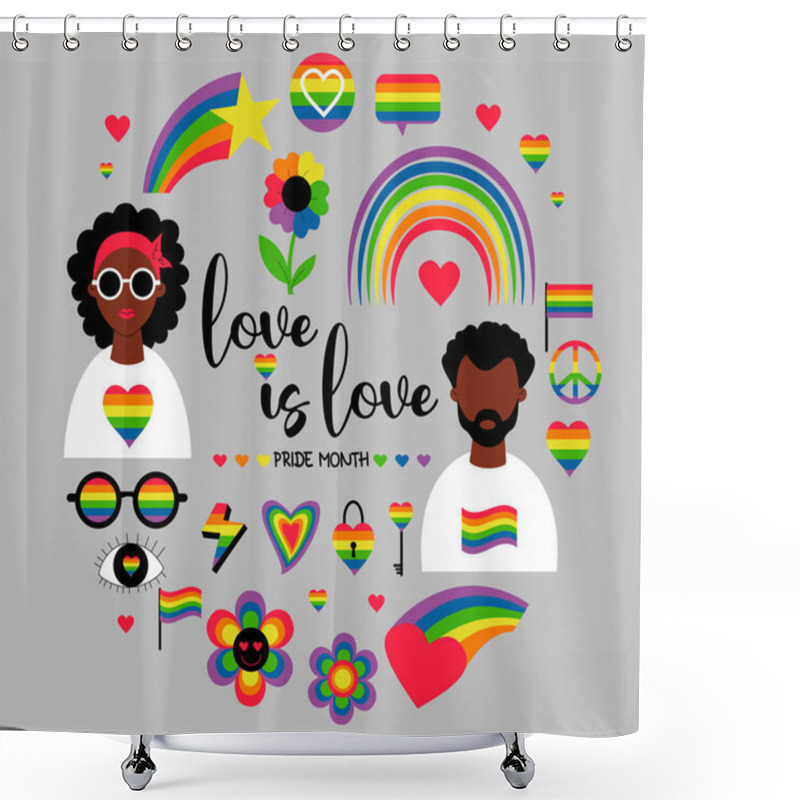 Personality  Vector Set Of LGBTQ Community Symbols. LGBT Pride Month Black Lesbian Woman And Gay Ethnic Man, Pride Flags, Retro Rainbow And Love Elements, Reconciliation Symbol. Gay Pride, Groovy Celebration Shower Curtains