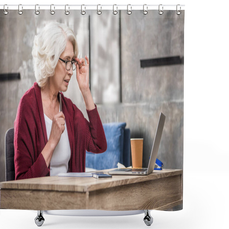 Personality  Senior Woman Adjusting Eyeglasses  Shower Curtains