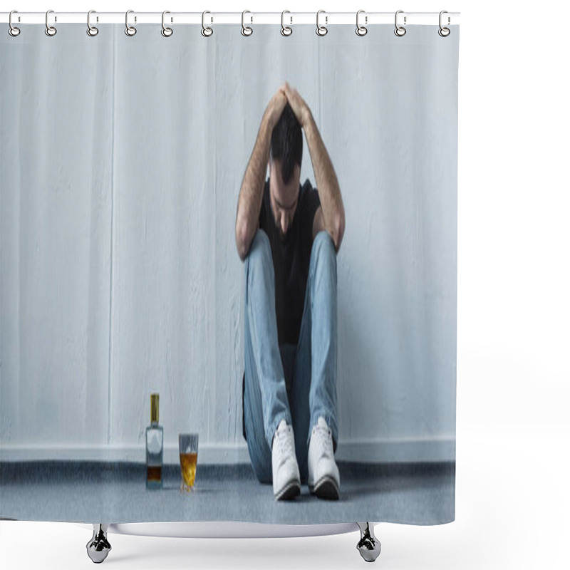 Personality  Panoramic Shot Of Suffering Man Sitting On Floor By White Wall Near Bottle And Glass Of Whiskey Shower Curtains