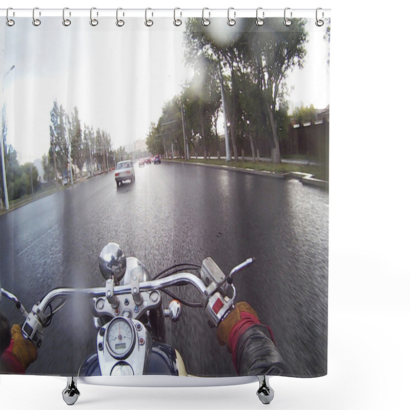 Personality  Man Driving On Moto On Big Speed On Asphalt Road Shower Curtains