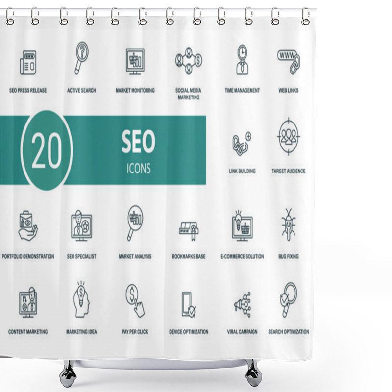 Personality  Seo Icon Set. Contains Editable Icons Seo Theme Such As Active Search, Social Media Marketing, Web Links And More Shower Curtains