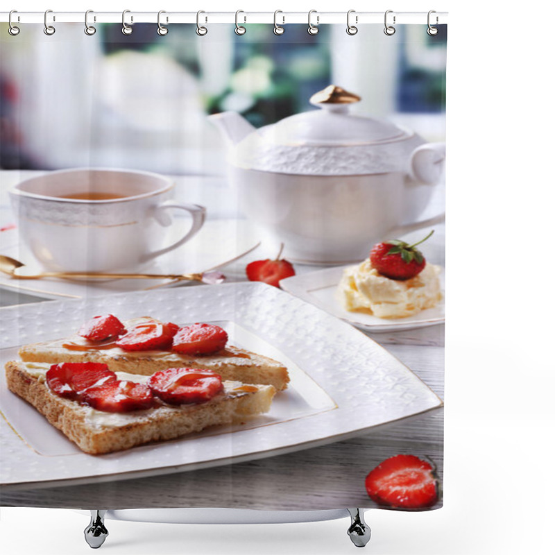 Personality  Fresh Toast With  Homemade Butter And Fresh Strawberry On Plate On Wooden Table, On Bright Background Shower Curtains