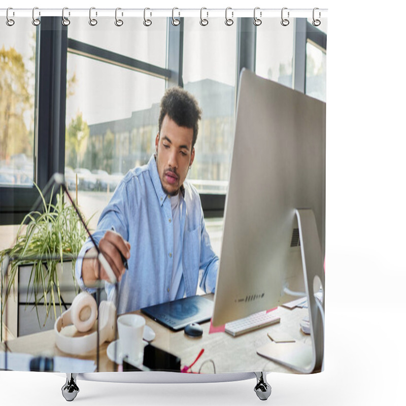 Personality  Focused Individual Works On A Tablet While Enjoying Coffee In A Bright, Stylish Office. Shower Curtains