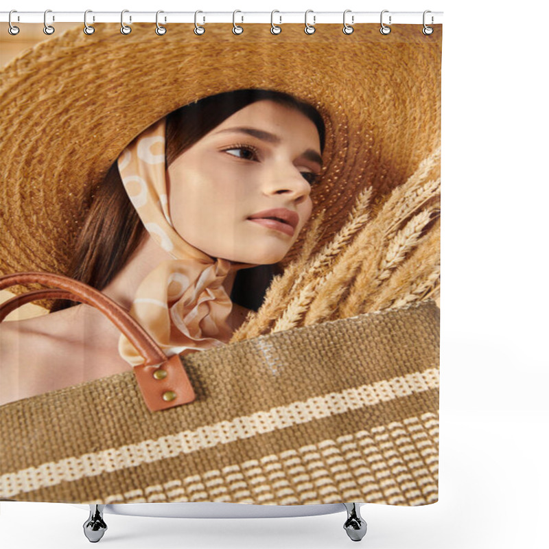 Personality  A Young Woman With Long Brunette Hair Stands Gracefully In A Summer Outfit, Wearing A Straw Hat And Carrying A Brown Bag. Shower Curtains