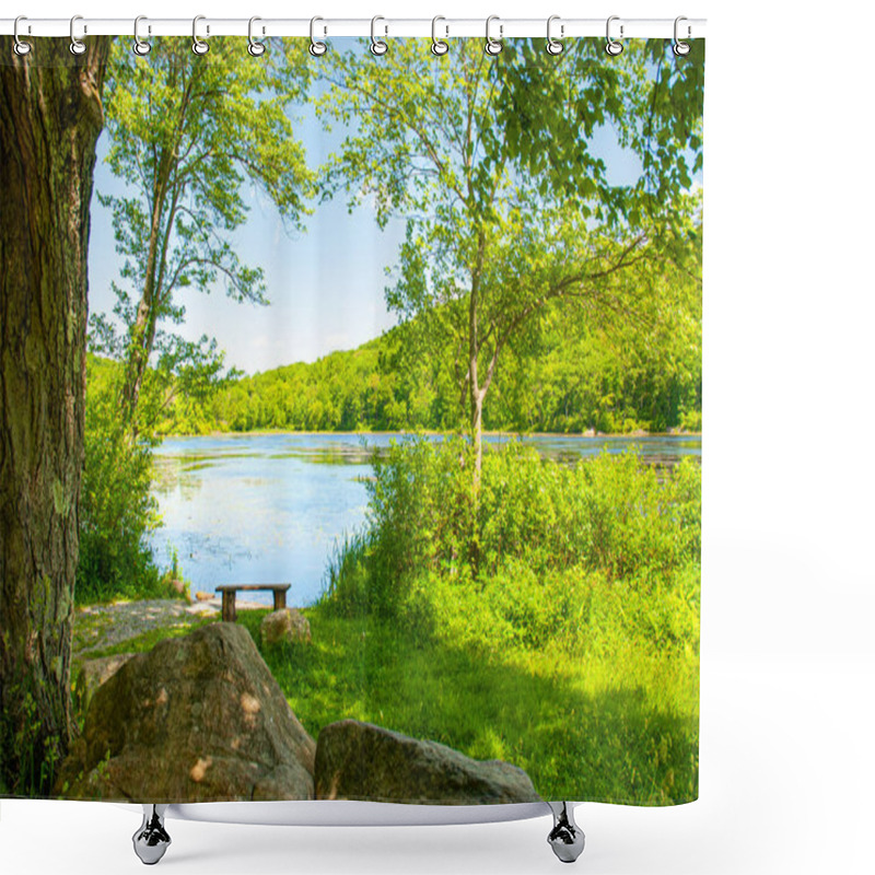 Personality  Beautiful Landscape Lake. Forest Lake And Empty Bench Shower Curtains