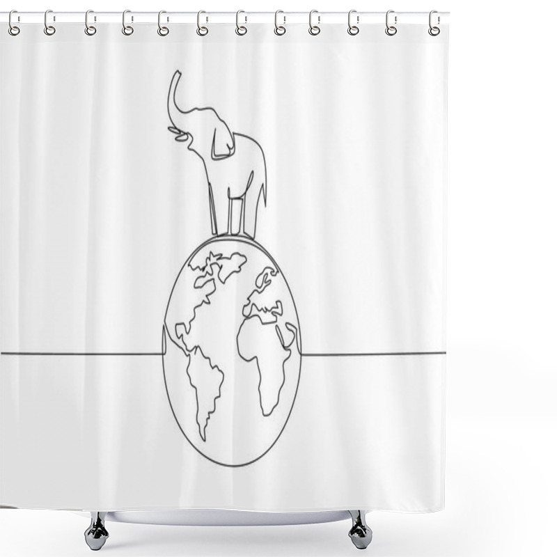 Personality  Continuous One Line Drawing Globe With Elephant On Top. Stop Poaching Ivory As Souvenirs. Irresponsible Action. Comfortable Habitat. World Wildlife Day. Single Line Draw Design Vector Illustration Shower Curtains