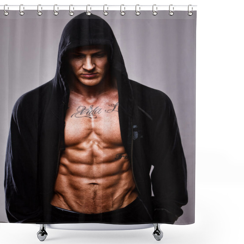 Personality  Portrait Of Handsome Man Posing On Grey Background Shower Curtains