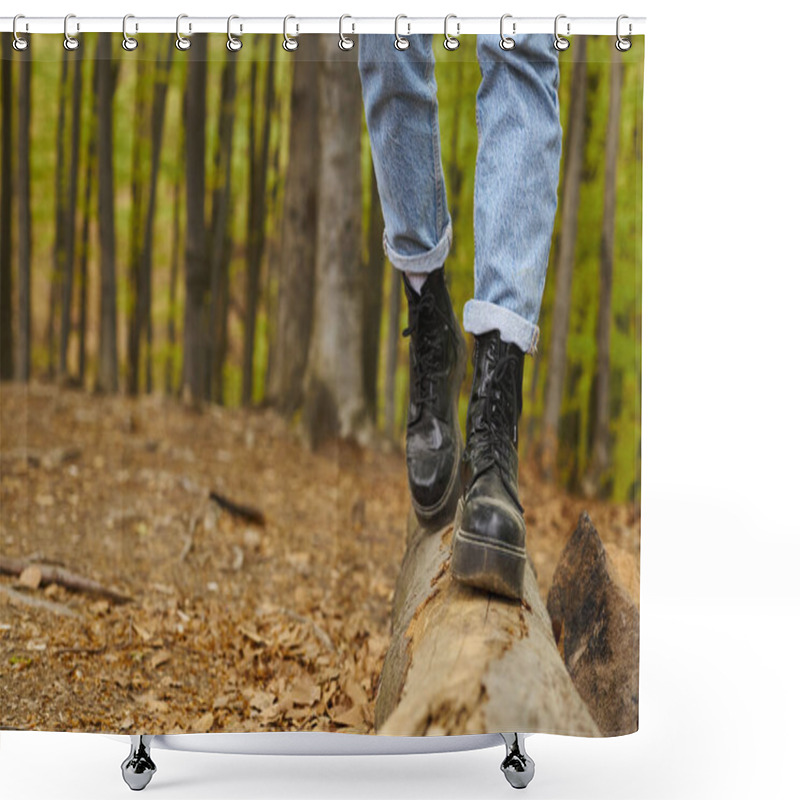 Personality  Cropped Photo Of Female Legs In Hiking Boots Making A Step On A Wood In Forest Scenery Shower Curtains