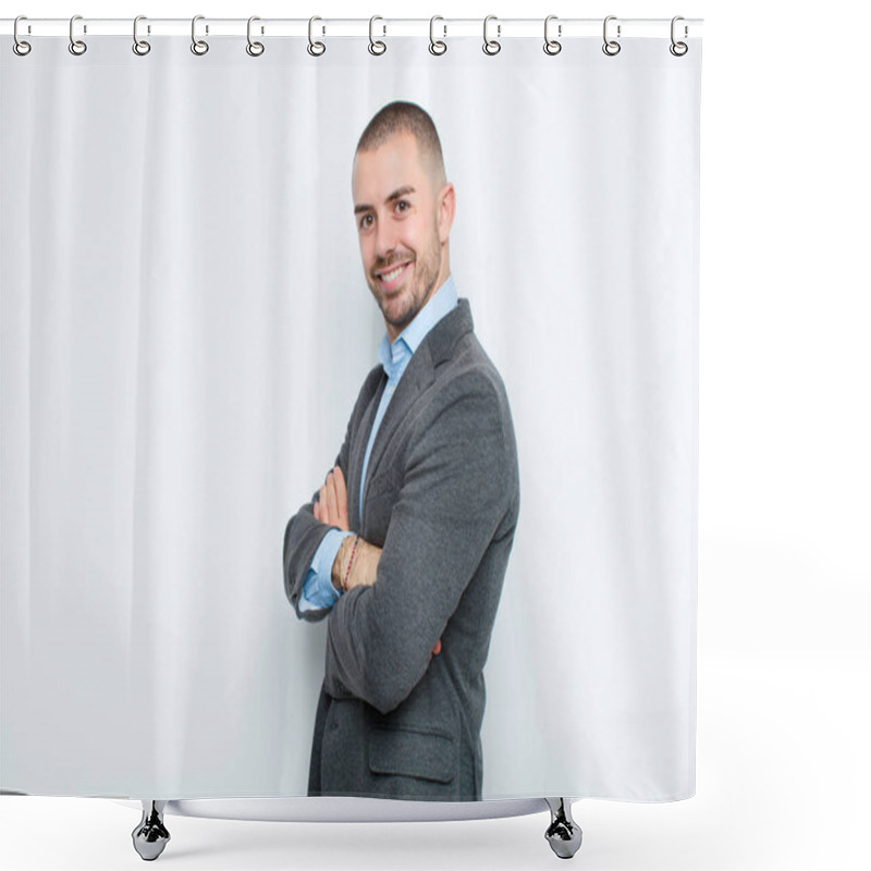 Personality  Young Businessman Smiling To Camera With Crossed Arms And A Happy, Confident, Satisfied Expression, Lateral View Against Flat Wall Shower Curtains