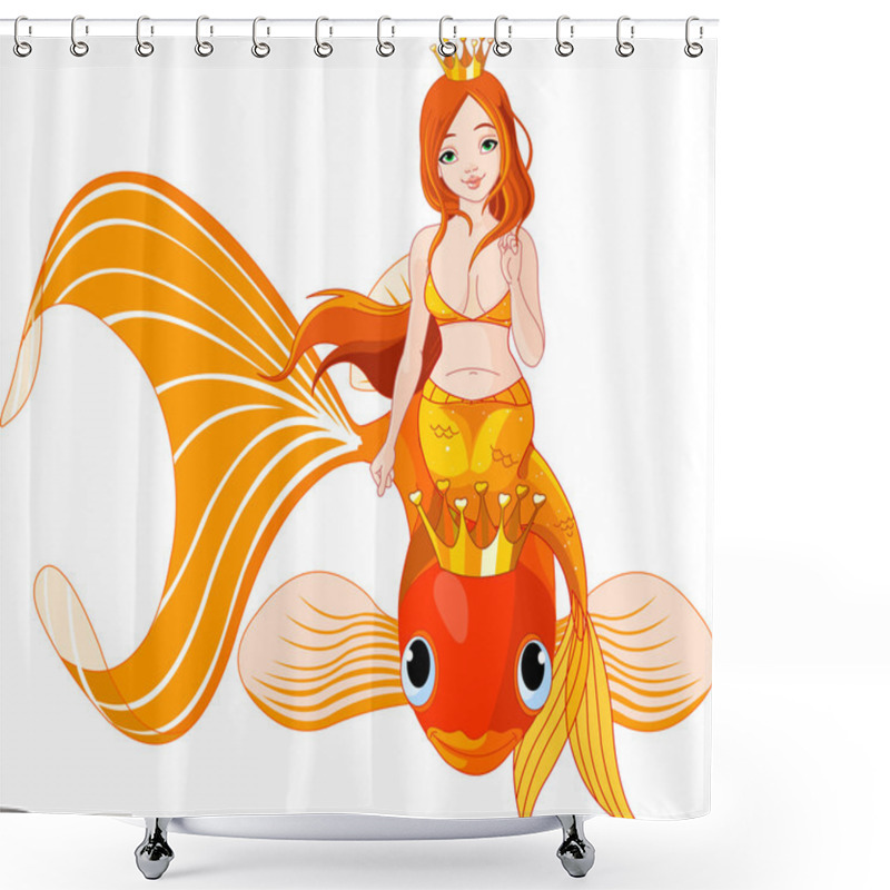 Personality  Mermaid Riding On A Golden Fish Shower Curtains