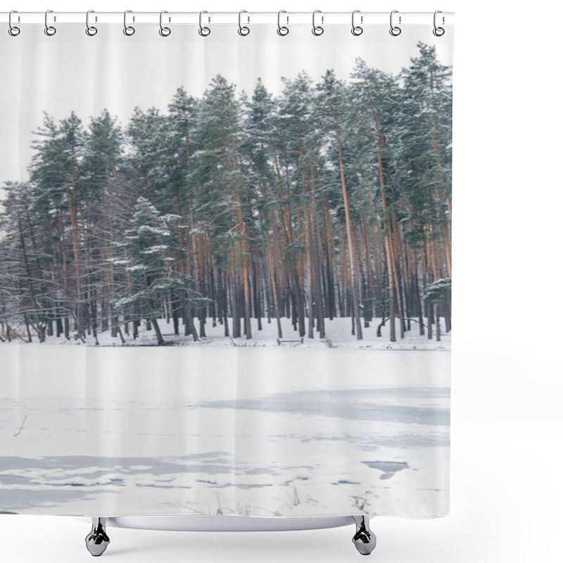 Personality  Frozen Lake And Trees In Snowy Park Shower Curtains