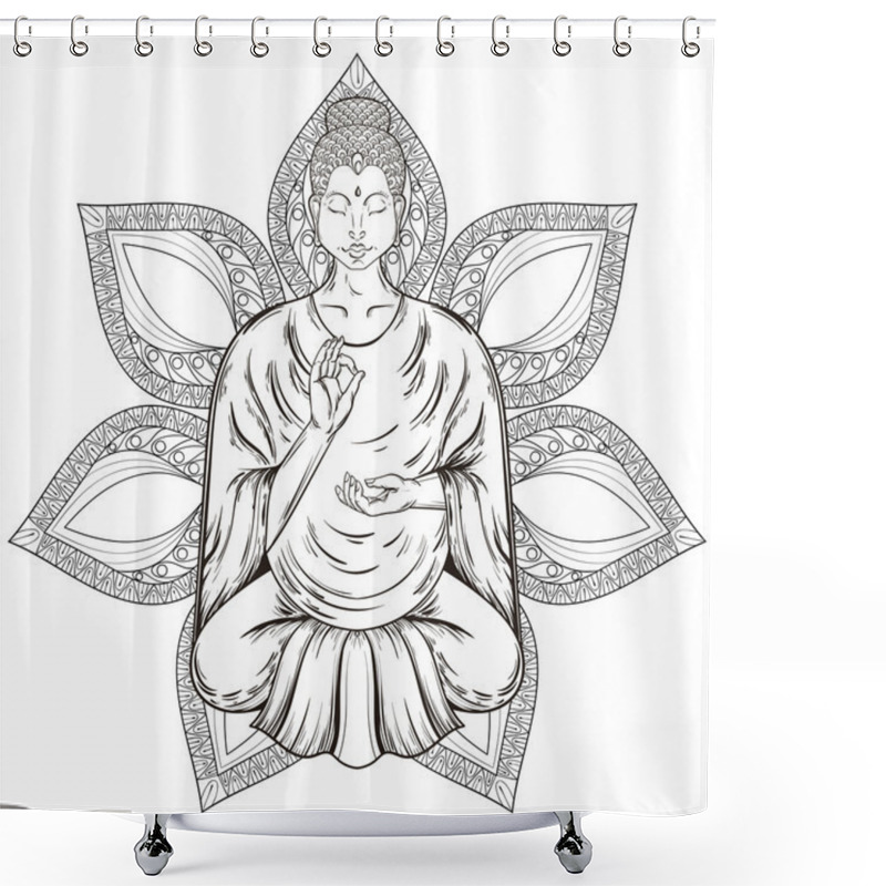 Personality  Vector Sitting Buddha In Lotus Pose, Isolated On Mandala, Teachi Shower Curtains