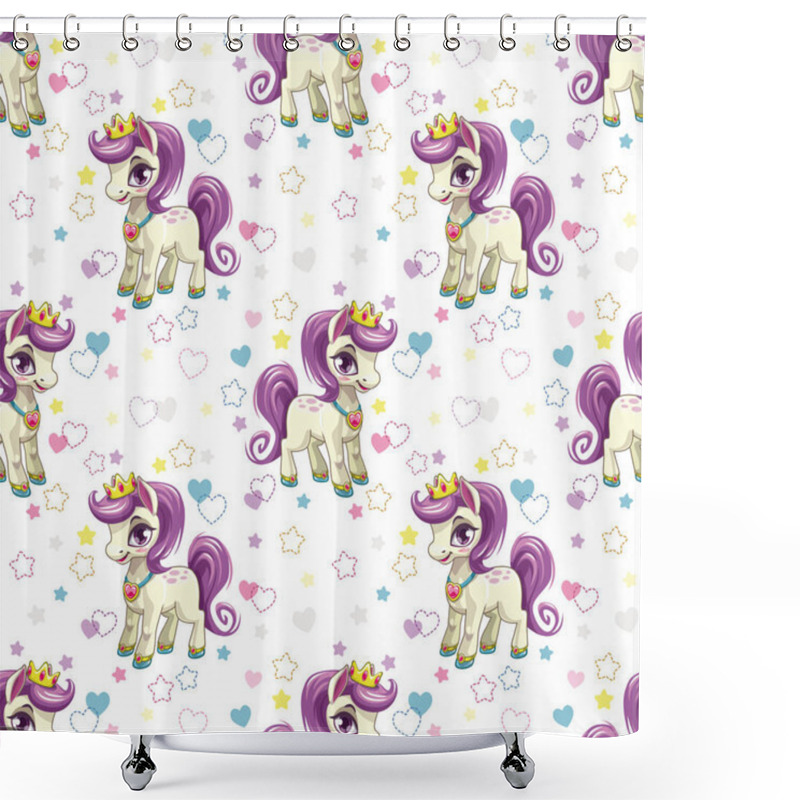 Personality  Sweet Pony Print. Seamless Pattern With Cute Cartoon Little Horse Princess Shower Curtains