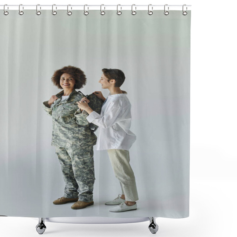 Personality  A Loving Moment Between A Soldier And Her Wife In A Studio, Capturing Their Bond Before Service. Shower Curtains