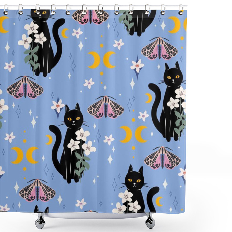 Personality  Cute Pastel Seamless Pattern With Black Cats, Flowers, Moon, Butterflies, Moths, And Stars Shower Curtains