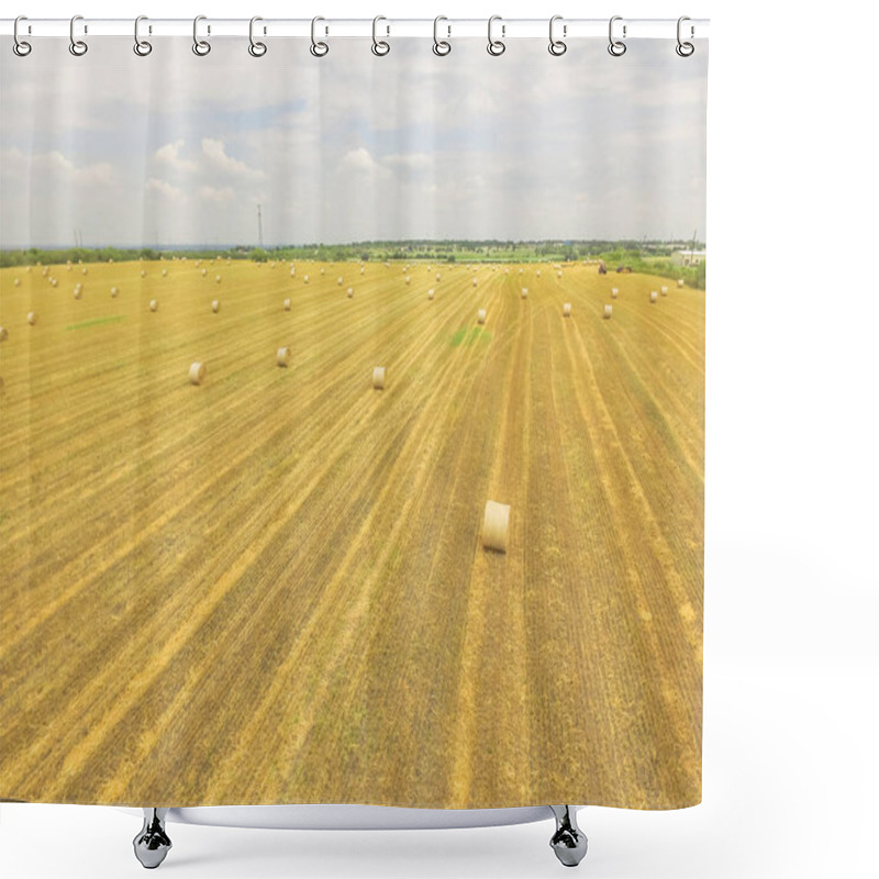 Personality  Horizontal Aerial View Bale Hay On A Corn Farm After Harvest In Austin, Texas, US. Golden Rural Landscape. Agriculture Background. Hay Used As Animal Fodder For Grazing Animals As Cattle, Horses Shower Curtains