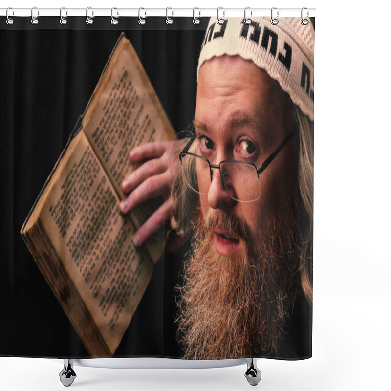 Personality  A Hasidic Jew Reads Siddur. Religious Orthodox Jew With A Red Beard And With Pace In A White Bale Praying. On The Bale Is An Inscription Rabbi Nahman From Uman. Closeup Shower Curtains