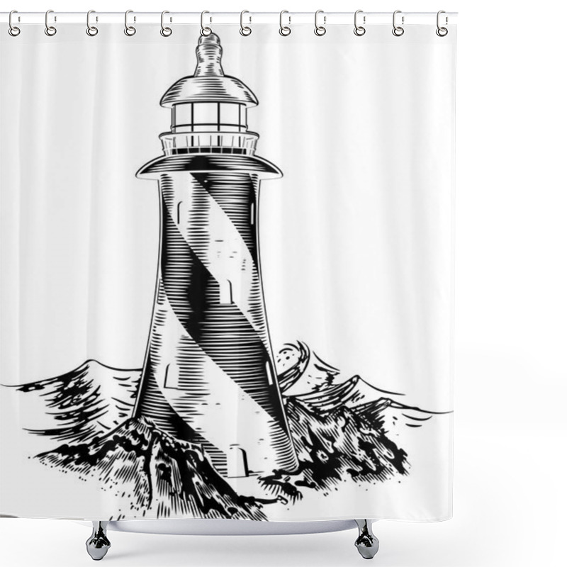 Personality  Woodblock Style Lighthouse Shower Curtains