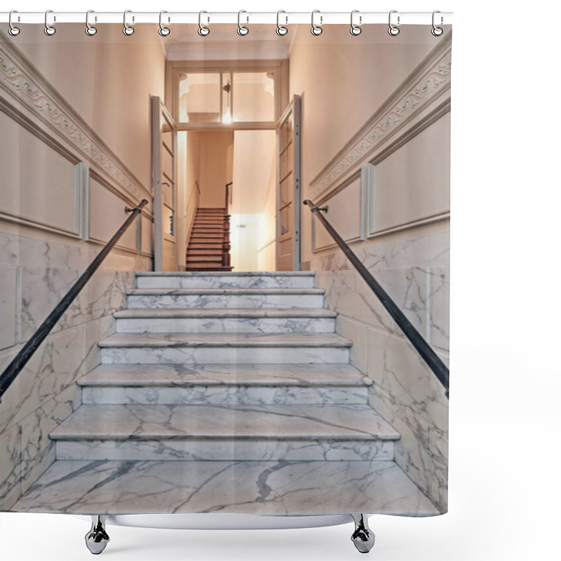 Personality  White Marble Stairs In Renovated Mansion Stairwell. Vertical And Light On Shower Curtains