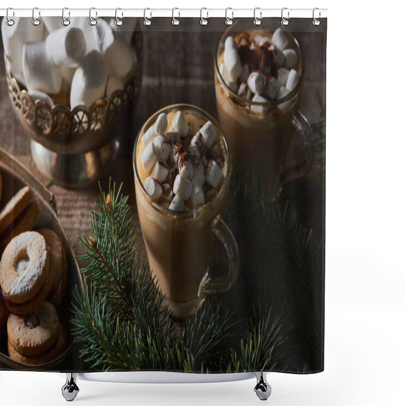 Personality  Cacao With Marshmallow And Cacao Powder In Mugs Near Pine Branches And Cookies On Wooden Table Shower Curtains