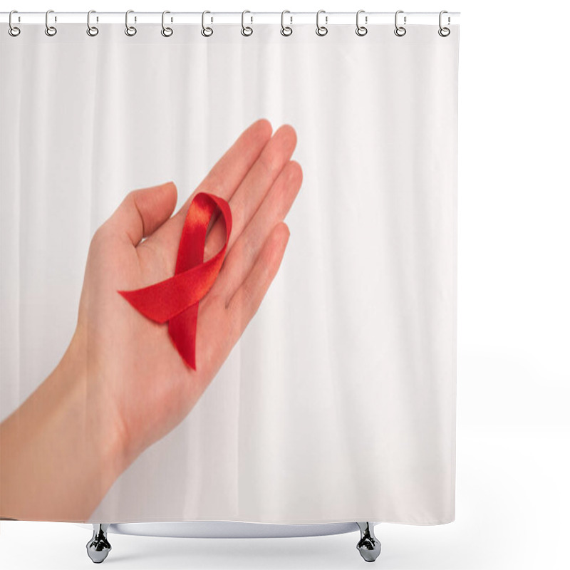 Personality  Cropped View Of Woman Holding Aids Awareness Red Ribbon Isolated On White Shower Curtains