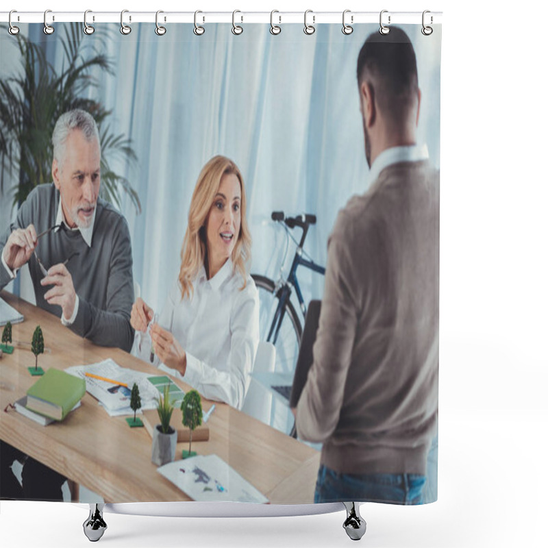 Personality  Astonished Three Colleagues Having Deal Shower Curtains