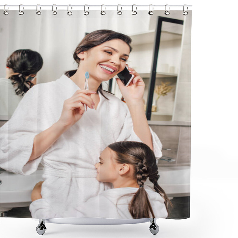 Personality  Daughter Hugging Mother Talking On Smartphone In Bathroom Shower Curtains