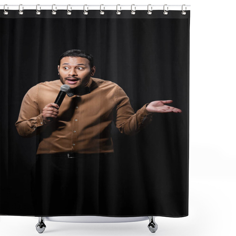 Personality  Emotional Indian Comedian In Shirt And Bow Tie Holding Microphone And Gesturing During Monologue On Black  Shower Curtains