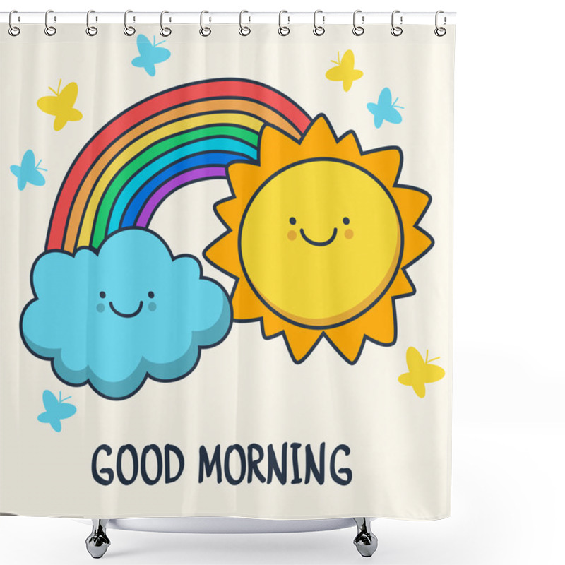 Personality  Funny Sketching Smiling Sun, Cloud And Rainbow. Vector Cartoon I Shower Curtains