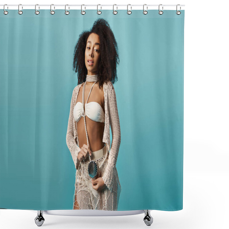 Personality  Stylish Young Woman In White Outfit Striking A Pose For The Camera Shower Curtains