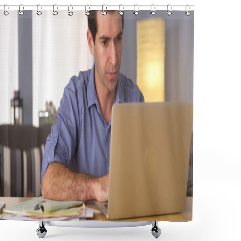 Personality  Man Using Laptop For Online Banking Shower Curtains