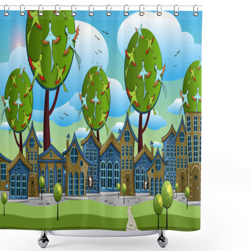 Personality  Small Ancient Town Standing Among A Fairy Forest In Fine Sunny Weather Shower Curtains