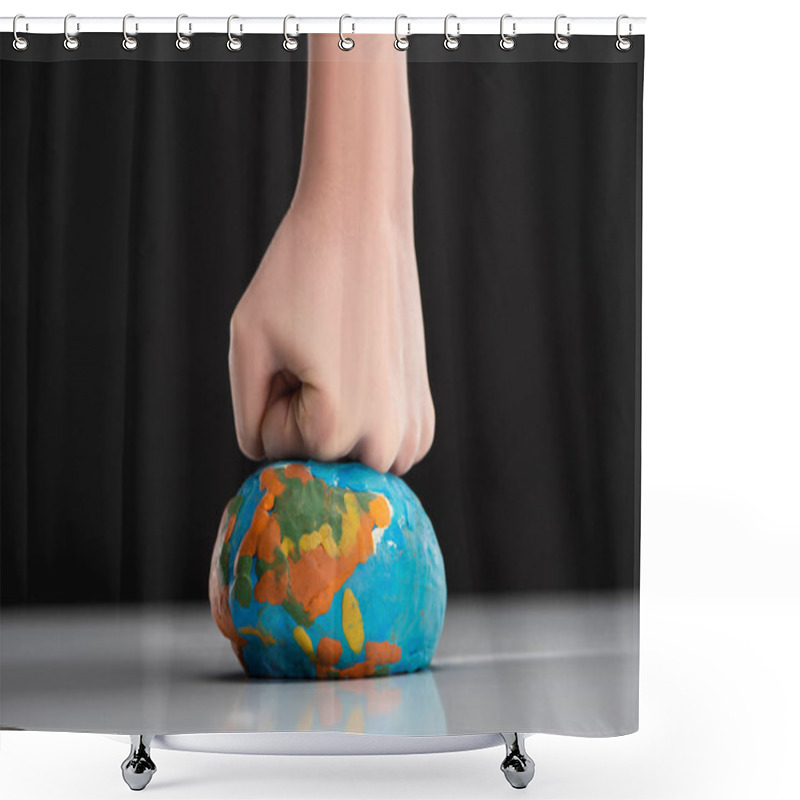 Personality  Partial View Of Woman Compressing Plasticine Globe By Fist Isolated On Black, Global Warming Concept Shower Curtains