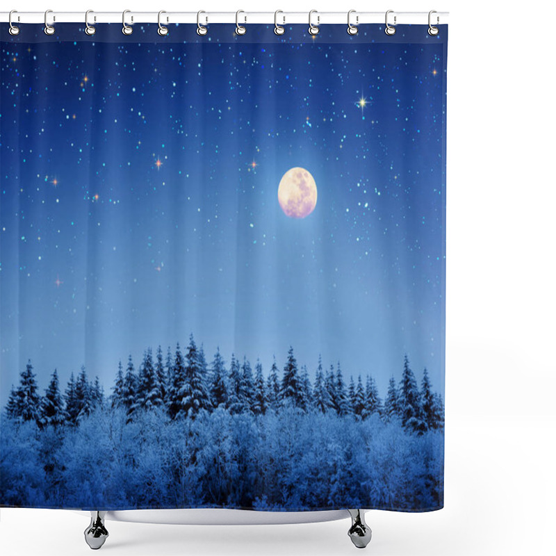 Personality  Winter Forest With Snow Covered Trees And Stars Sky And Full Moon. Shower Curtains