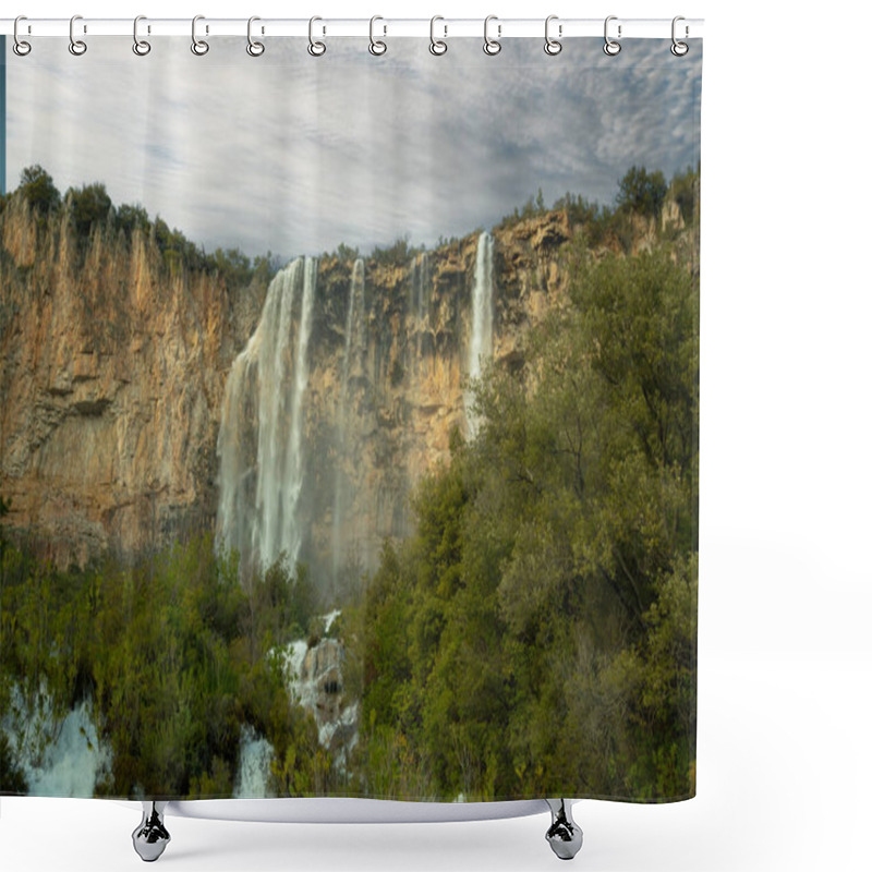 Personality  Scenic View Of A Waterfall Flowing Down A Rocky Cliff Surrounded By A Dense Forest, Creating A Breathtaking Natural Landscape Shower Curtains