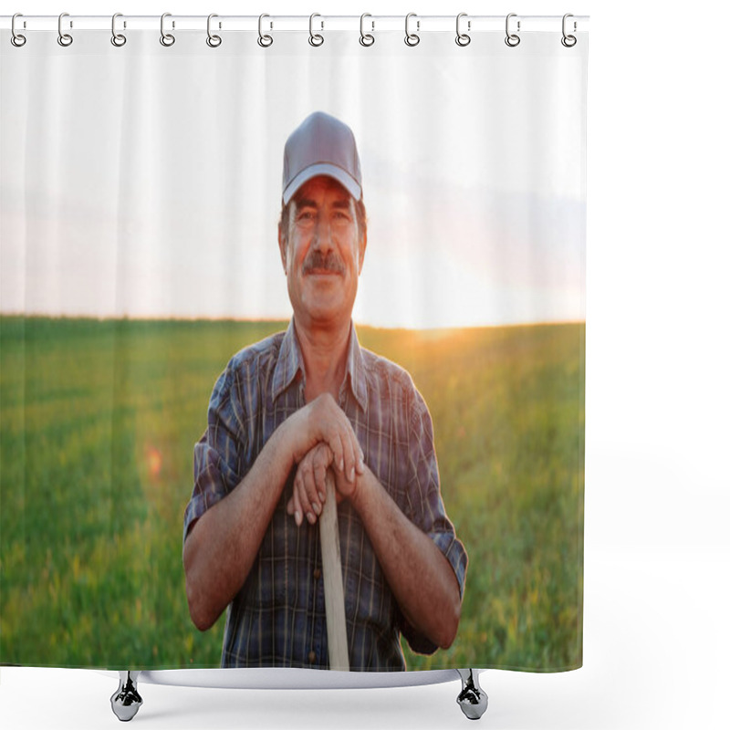 Personality  Old Farmer With Mustache Handsome Man Looking At Camera, Male Satisfied Resting At Sunset. The Portrait Of The Worker In The Agricultural Field Shower Curtains