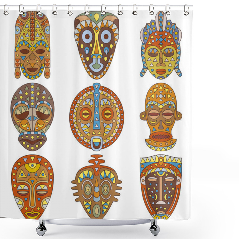 Personality  Icon Set. Different Ethnic Masks. Vector Illustration Shower Curtains