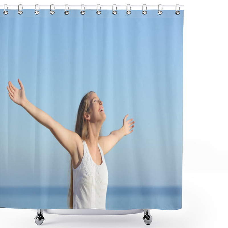 Personality  Beautiful Blonde Woman Breathing Happy With Raised Arms Shower Curtains