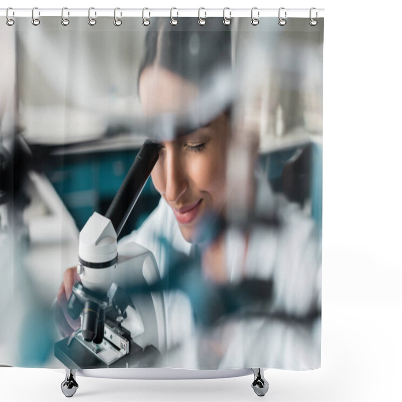 Personality  Scientist With Microscope In Lab Shower Curtains