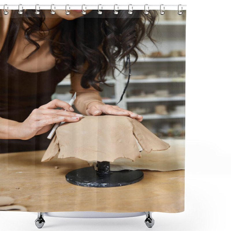 Personality  Hard Working Woman Making Pottery In Well Lit Studio. Shower Curtains