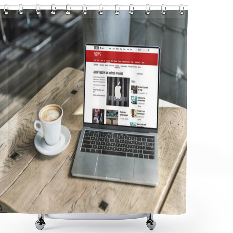 Personality  Cup Of Coffee And Laptop With Bbc Website On Screen On Rustic Wooden Table At Cafe Shower Curtains