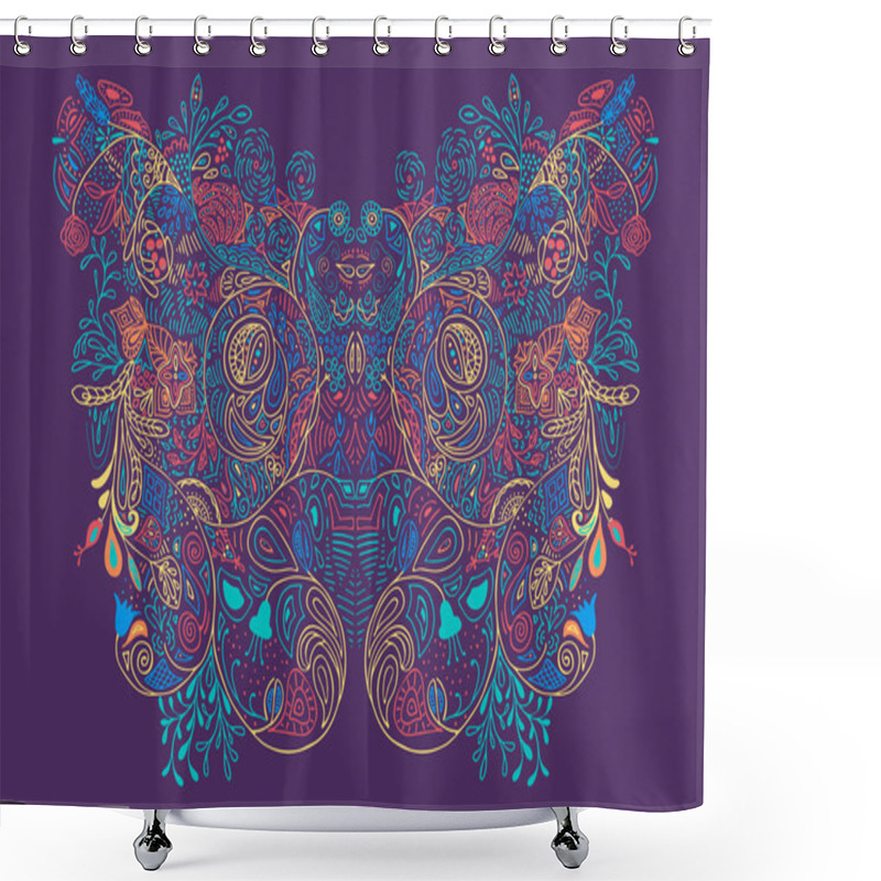 Personality  Abstract Artistic Flat Floral Ornament With Waves, Roses, Cute Leaves, Vivid Flowers As A Butterfly Silhouette On Bright Violet Background. Vector Hand Drawn Illustration Texture Yellow Red Blue Teal Shower Curtains