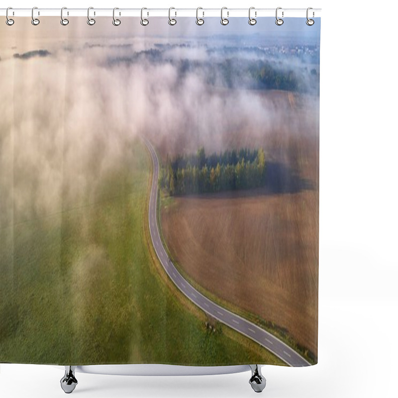 Personality  Aerial View On Curved Speed Road, Partly Covered By Fog. Curved Road Dividing Landscape To Brown And Green Half. Vertical View On Rural Countryside In Autumn, Foggy Morning. Misty Czech Landscape.   Shower Curtains