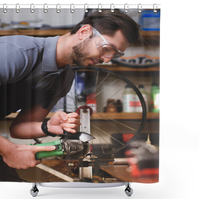 Personality  Young Man In Protective Goggles Holding Angle Grinder In Workshop Shower Curtains