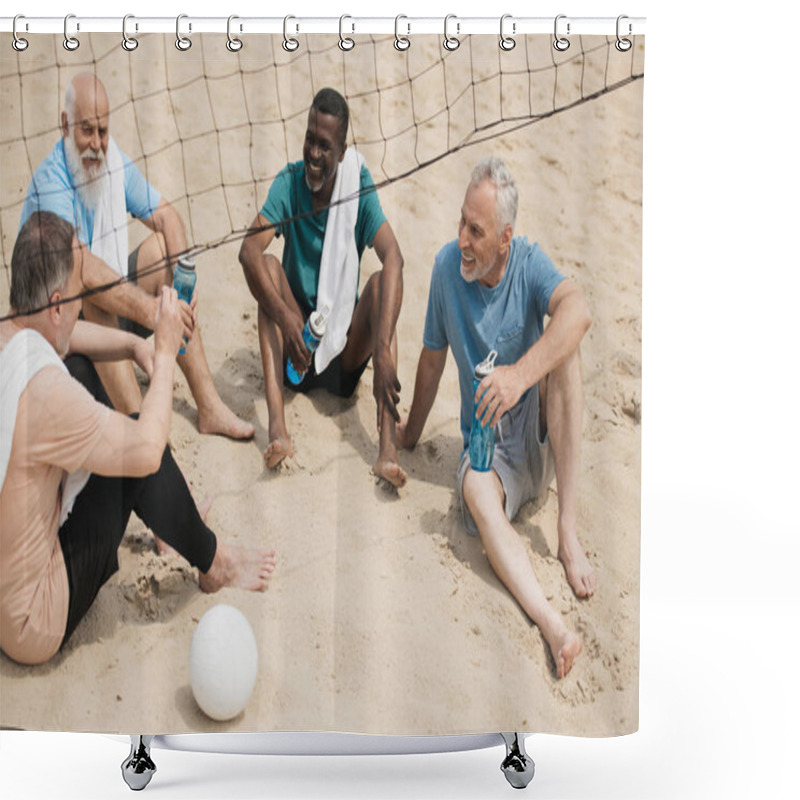 Personality  Multiethnic Smiling Elderly Volleyball Players With Sportive Water Bottles Resting After Game Shower Curtains